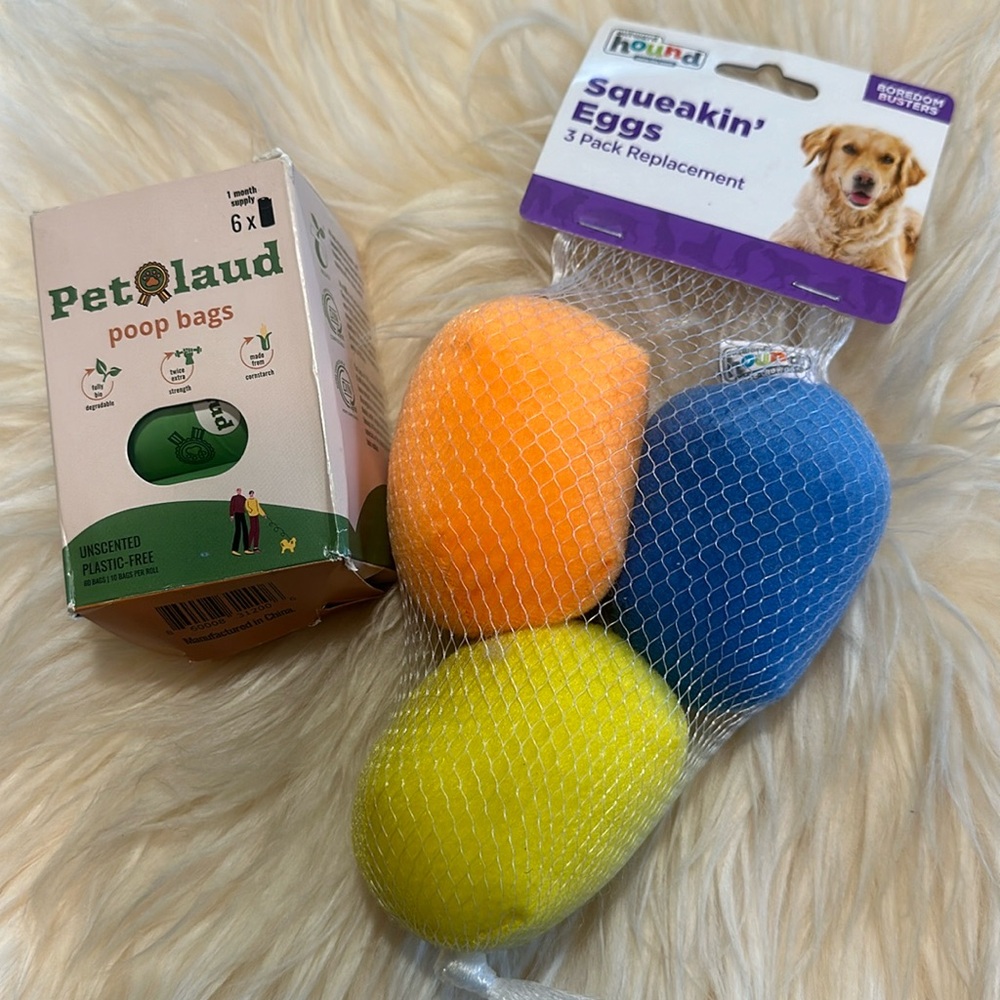 Squeaker toys and 60 plastic free poop bags